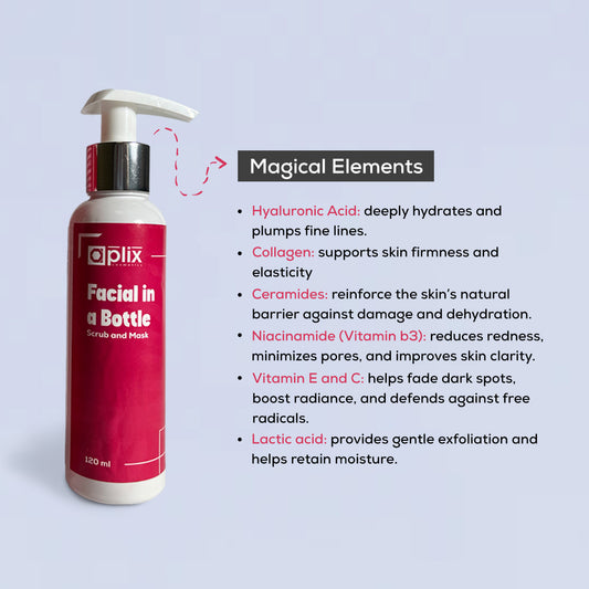 Facial scrub bottle with product details on a light purple background